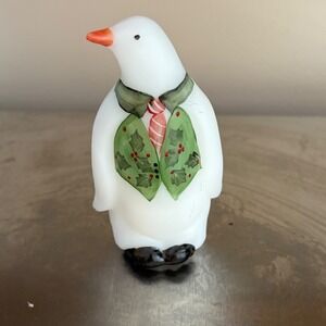 Fenton Hand-Painted White Glass Penguin Festive Holly Vest Christmas Decor